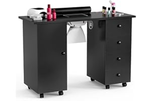Belandi Manicure Table Nail Station for Nail Tech, Nail Tech Desk Nail Table Station w/Dust Collector, Wrist Cushion, Lockable Wheels, Storage Cabinet & Drawers(Black2)
