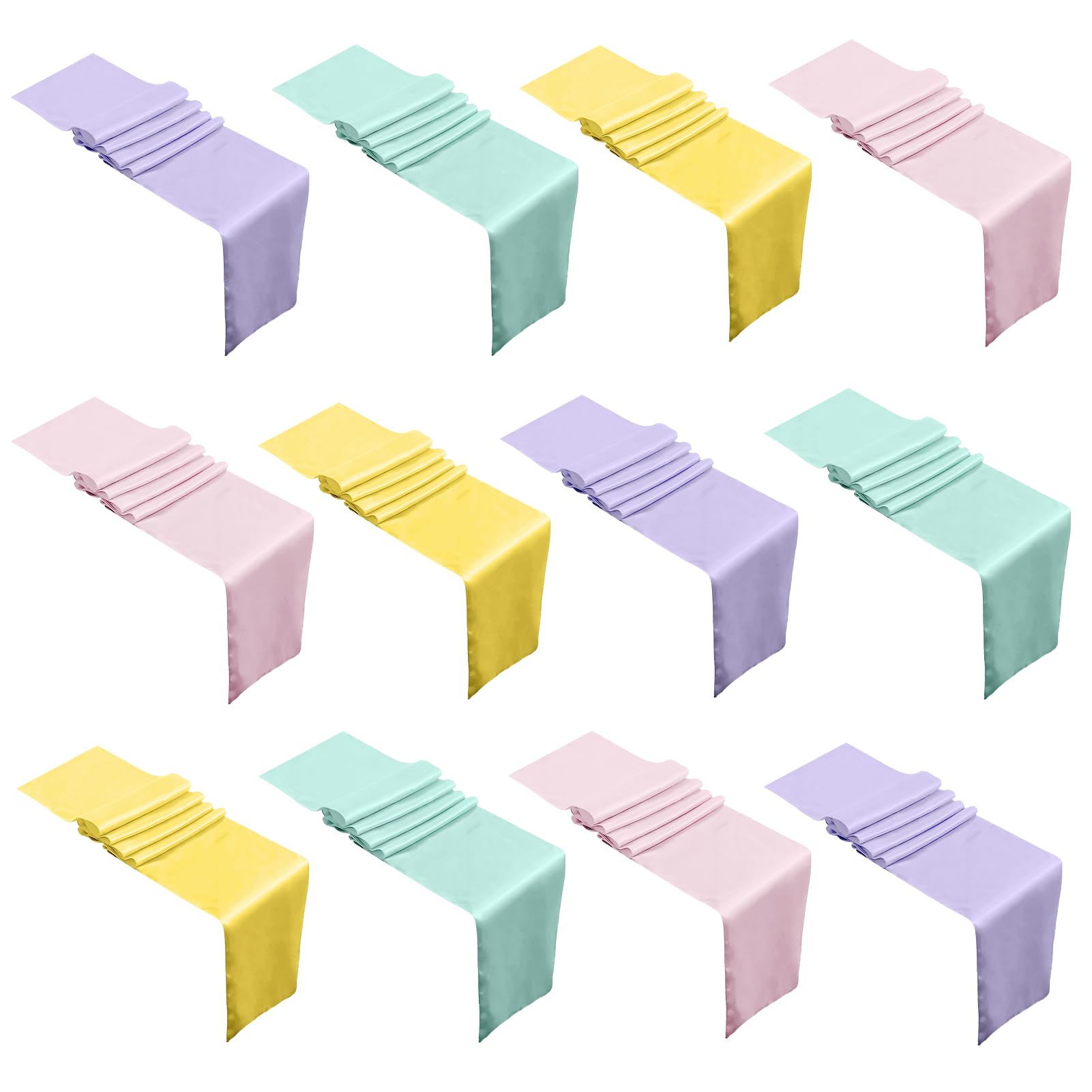 Photo 1 of 12 Pcs Pastel Macaron Assorted Color Satin Silk Table Runners, Spring Easter Party Chair Sashes for Spring Easter Wedding Banquet Baby Shower Birthday Party Decoration, 12 x 108 Inch