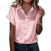 Zeagoo Silk Blouse for Women Short Sleeve Satin Button Down Shirts Casual Loose V-Neck Business Work Tunic Top