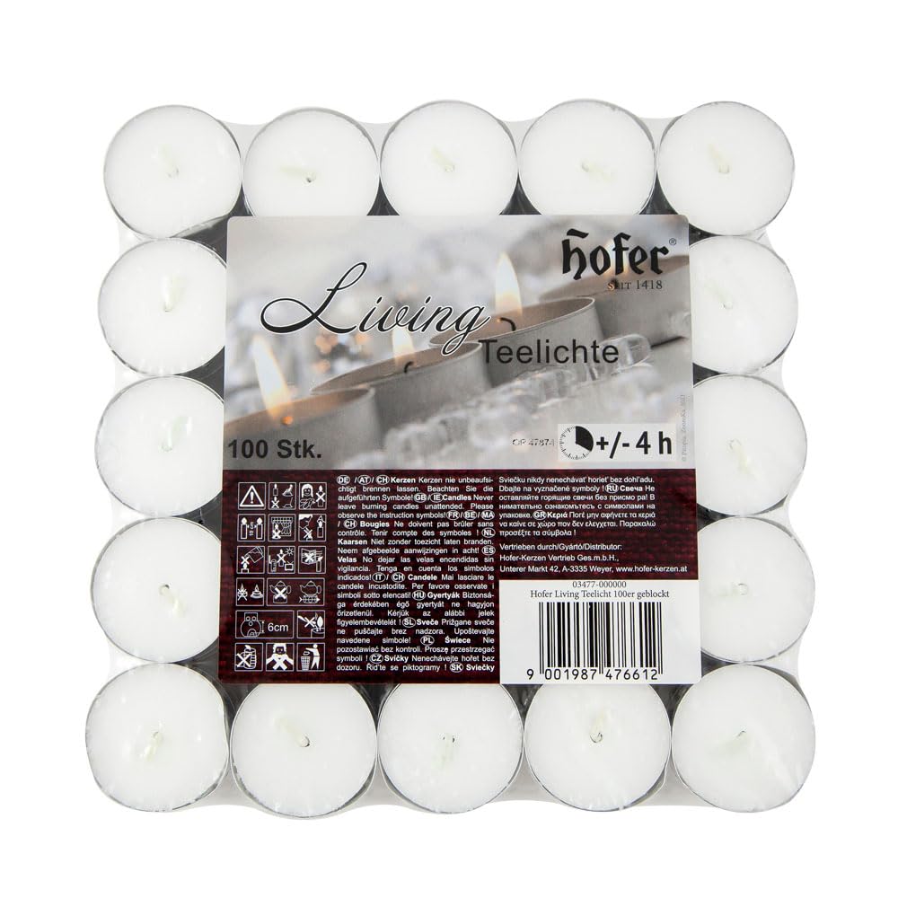 Hofer Tealight Candles - Pack of 100 Unscented Small Candles in Bulk - 4 Hours Long Burning Tea Lights - White Dripless Wax - RAL Quality - Made in Austria