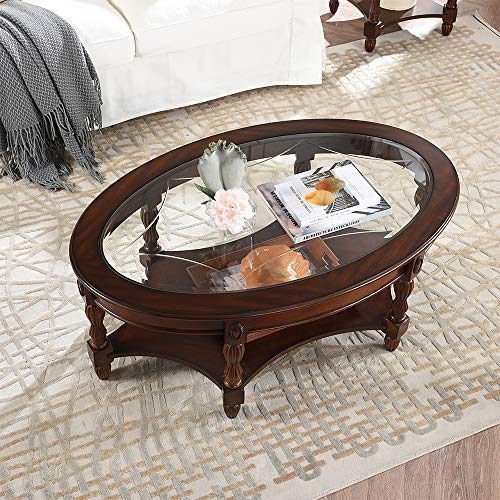 PADMA HOUSE Traditional Solid Wood Oval Coffee Table with Tempered