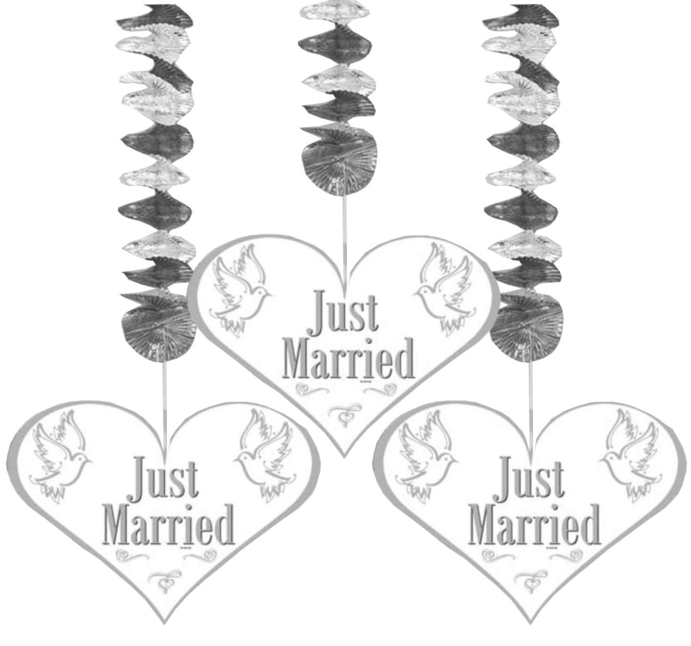 Just Married Hanging Decoration Pack of 3, Silver and White Hanging Decoration with spiral foil and heart