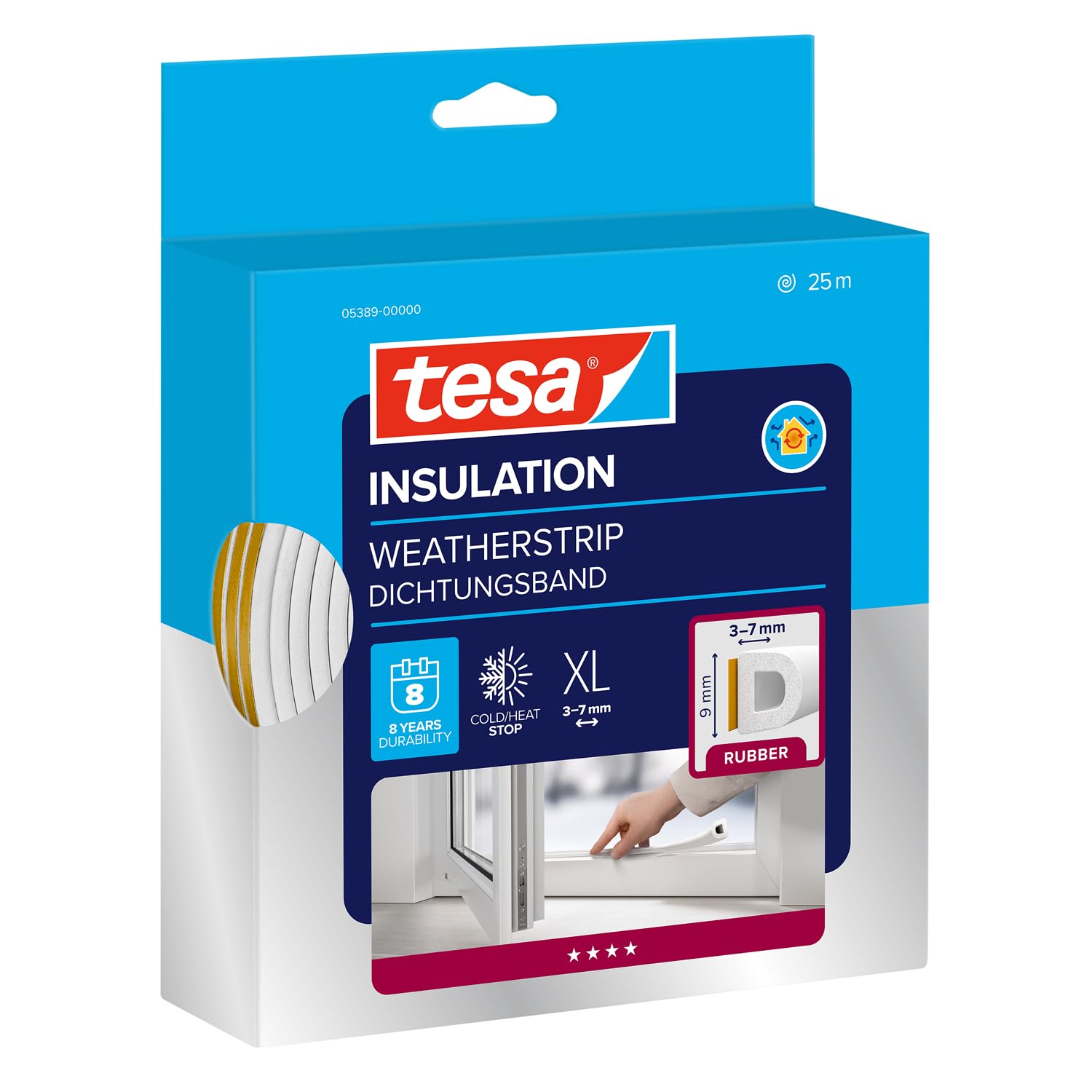 tesamoll D-Profile Seal - Self Adhesive Rubber Draught Excluder for Insulating Gaps in Windows and Doors - White - 25 m x 9 mm x 7 mm
