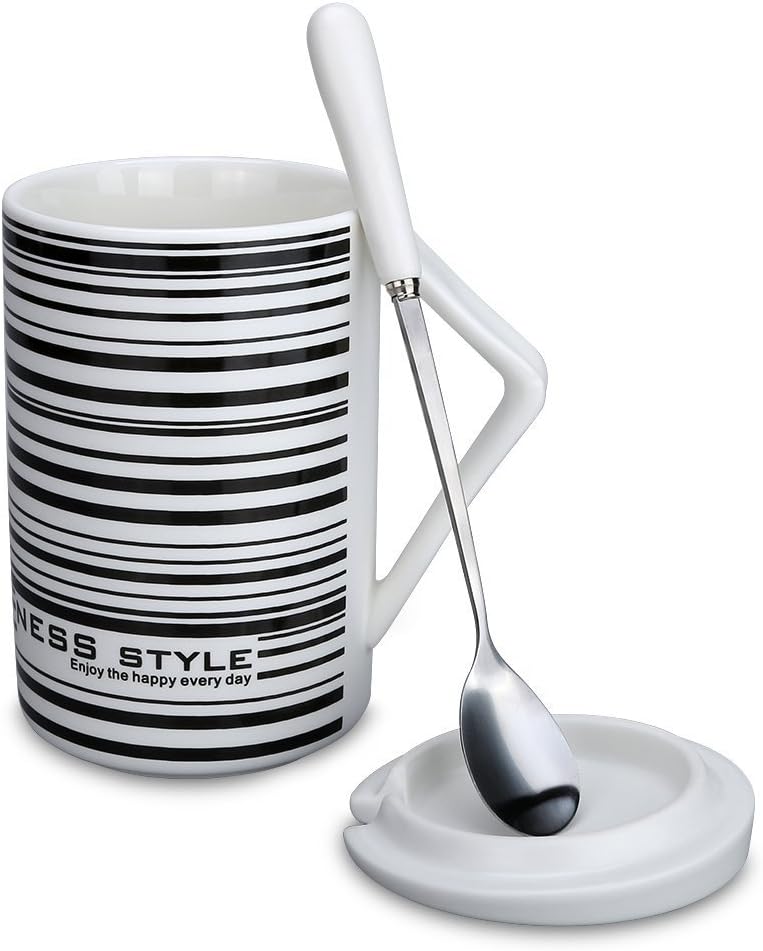 Creative Coffee Mug Large Office Mug Ceramic Coffee Cup Tea Cup with Lid and Spoon - Novelty Gifts Mug for Men, Dad, Colleagues, Brother- Black & White (horizontal stripes)