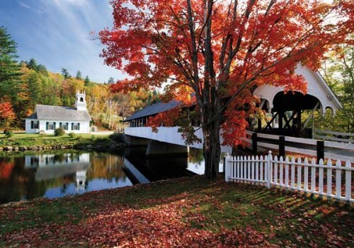 Covered Bridge Crossing River to Church, New Hampshire - 1500 Piece Jigsaw Puzzle (Extra Large Size: 23