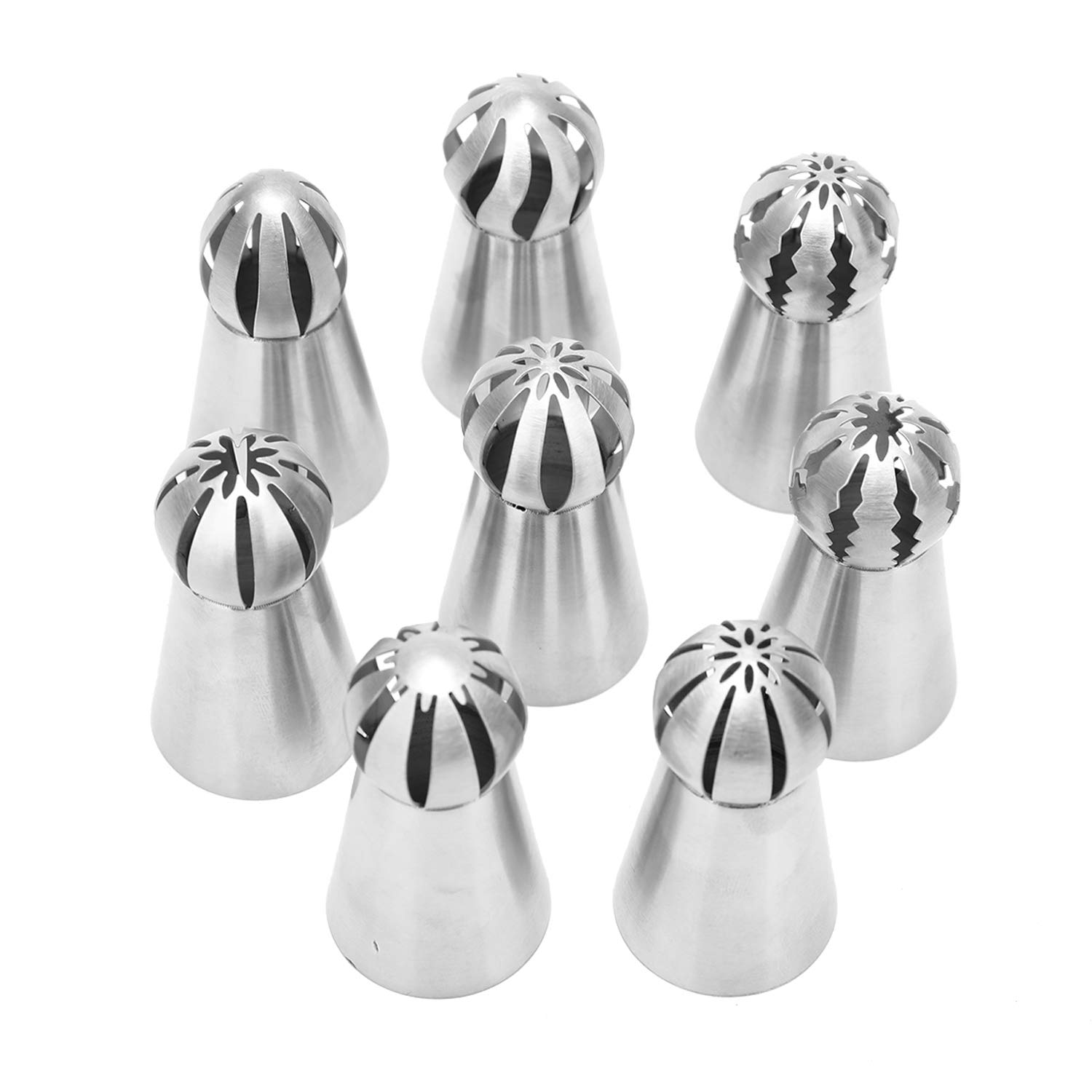 Russian Piping Tips 8 Pcs, DesignerBox Stainless Steel Russian Piping Ball Tips Frosting Icing Piping Nozzles Set Flower Cake Decorating Tips Kit for DIY Baking Cake Decorating Supplies Kit (8 PCS)