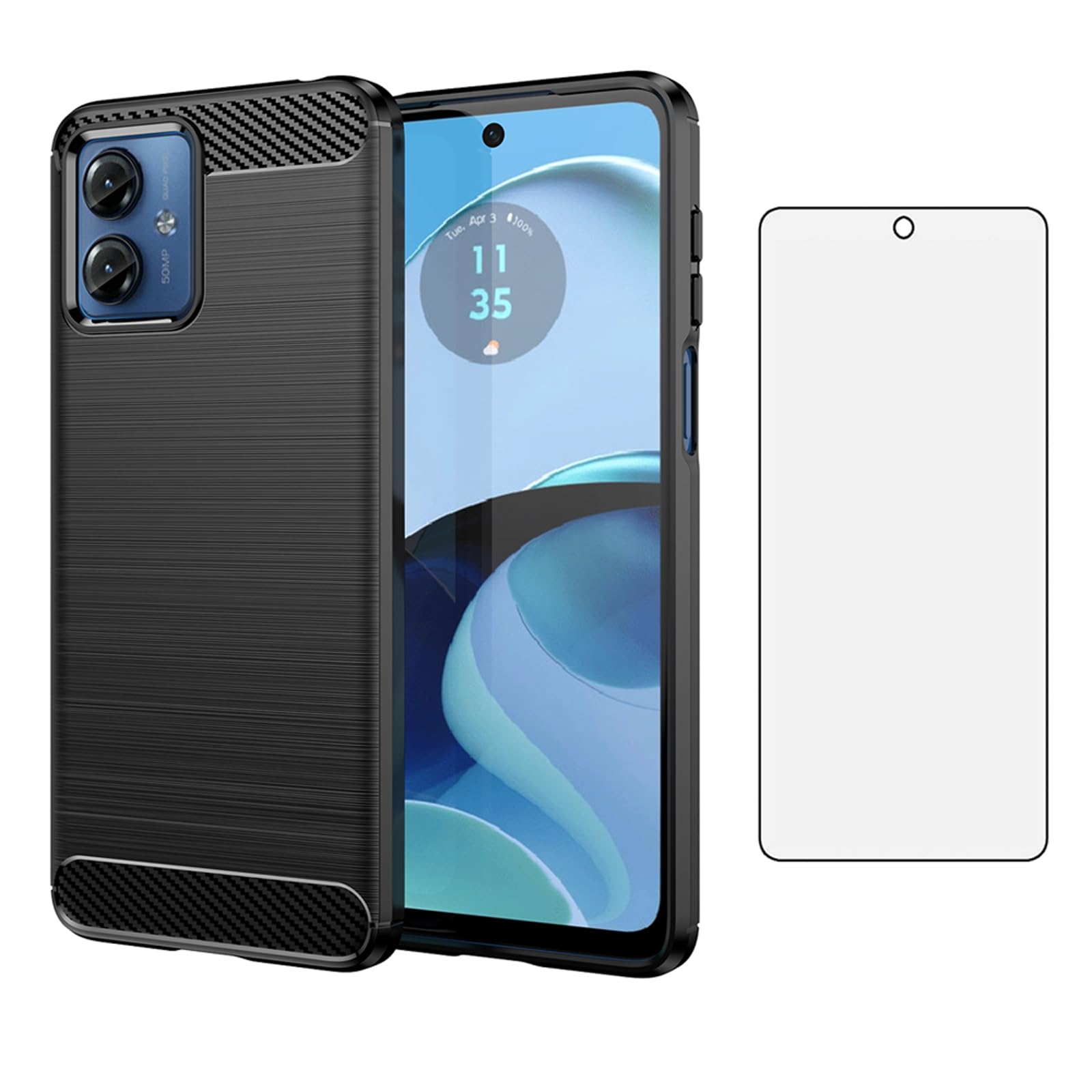 Asuwish Compatible with Motorola Moto G14 Case and Tempered Glass Screen Protector with Shockproof Slim Silicone Wireless Charging Carbon Fiber Phone Cover for MotoG14 G 14 Women Men Black
