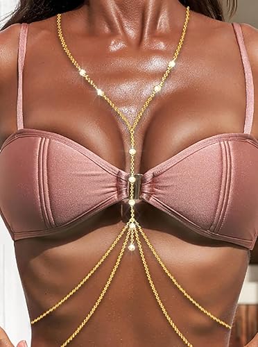 Bounzhi Gold Sexy Body Chain Crossover Thin Bra Bikini Rhinestone