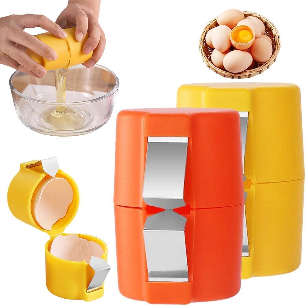 Photo 1 of 2Pcs Egg Shell Opener, 2025 New Egg Cracker Tool for Raw Eggs, Hard Boiled Egg Peeler Egg Cube Egg Separator Handheld, Stainless Steel Eggshell Breaker Egg Shell Cutter Kitchen Gadgets?Orange+Yellow?