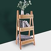 ZYBT Ladder Bookshelf, 3-Tier Rattan Bookshelf, Free Standing Bookcase, Blanket Ladder, Wood Organizer Storage Shelves for Li