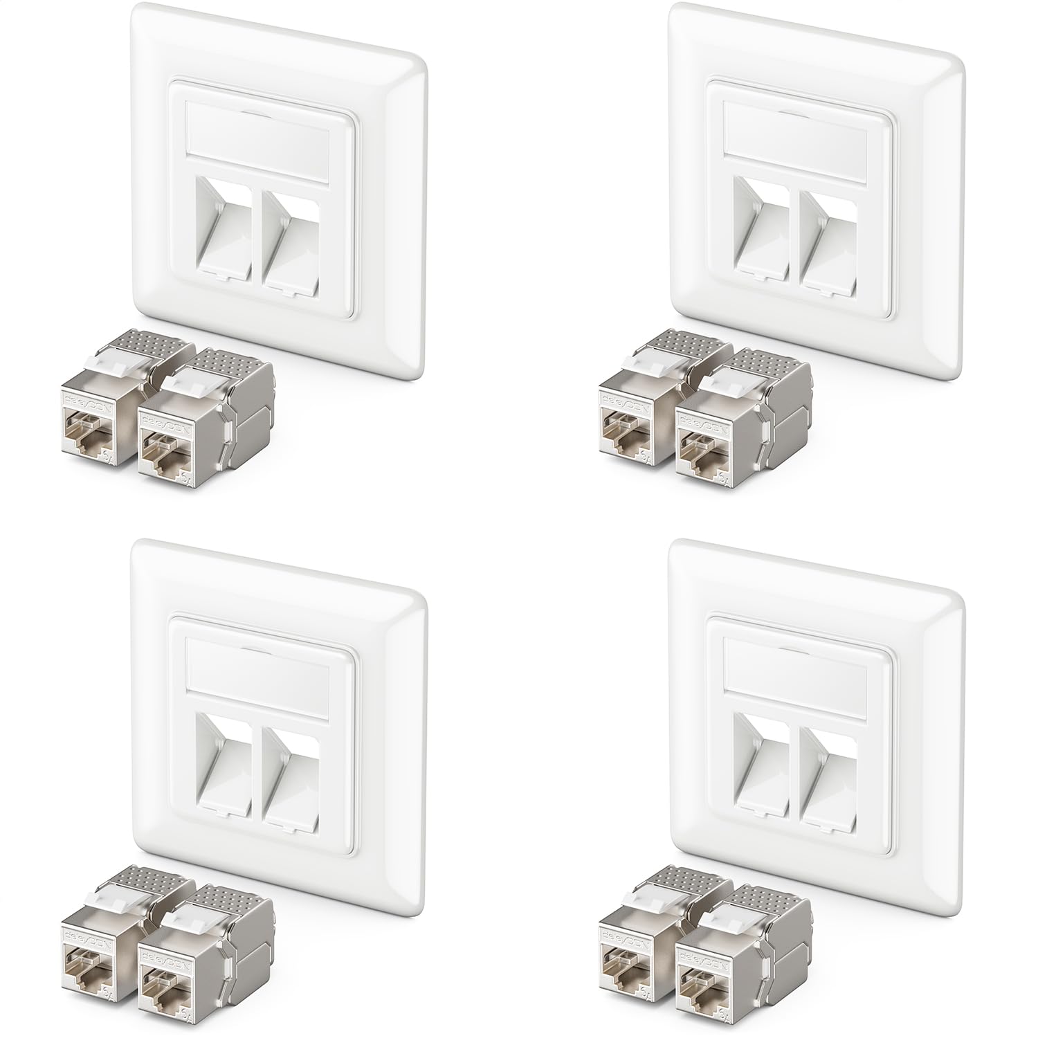 deleyCON 4x Keystone Network Data Socket Flush-Mounting 8x CAT 6a Keystone Jack Modules RJ45 Socket Network Installation Cables Fully Shielded Uni White
