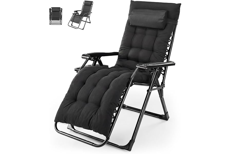 NEWBULIG Zero Gravity Chair, Folding Patio Recliner with Removable Cushion & Cup Holder Trays, Portable Lounge Chair for Beach & Camping, Classic Black