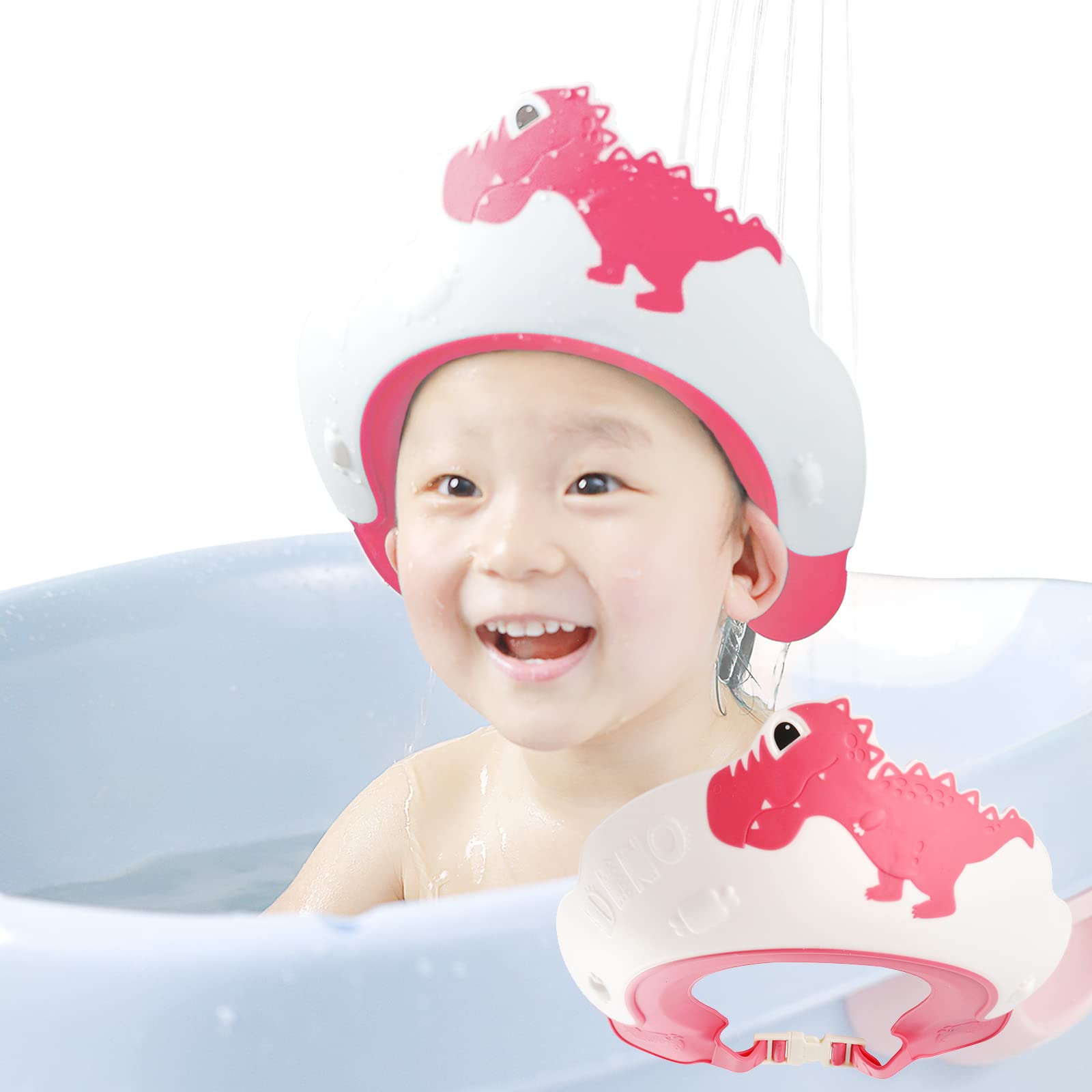 FUSACONY Baby Shower Cap Shield, Bath Hats for Kids, Baby Hair Washing Shield,Adjustable Children Shampoo Cap and Visor, Toddler Eyes and Ears Waterproof Hat Dinosaur (Pink)