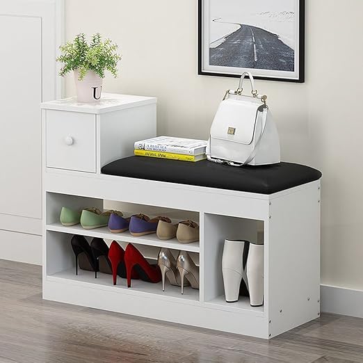 Amazon Com Zhen Guo Shelf Modern White Mdf Shoe Rack Bench With Storage Drawer Black Cushion And 3 Open Shelves Over The Door Shoe Cabinet Organizer Entryway Size Large Home Kitchen