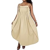 YUEWOO Midi Dresses for Women Casual Summer Sundresses Vacation Outfits Spaghetti Strap Smocked Women Maxi Dress with Pockets