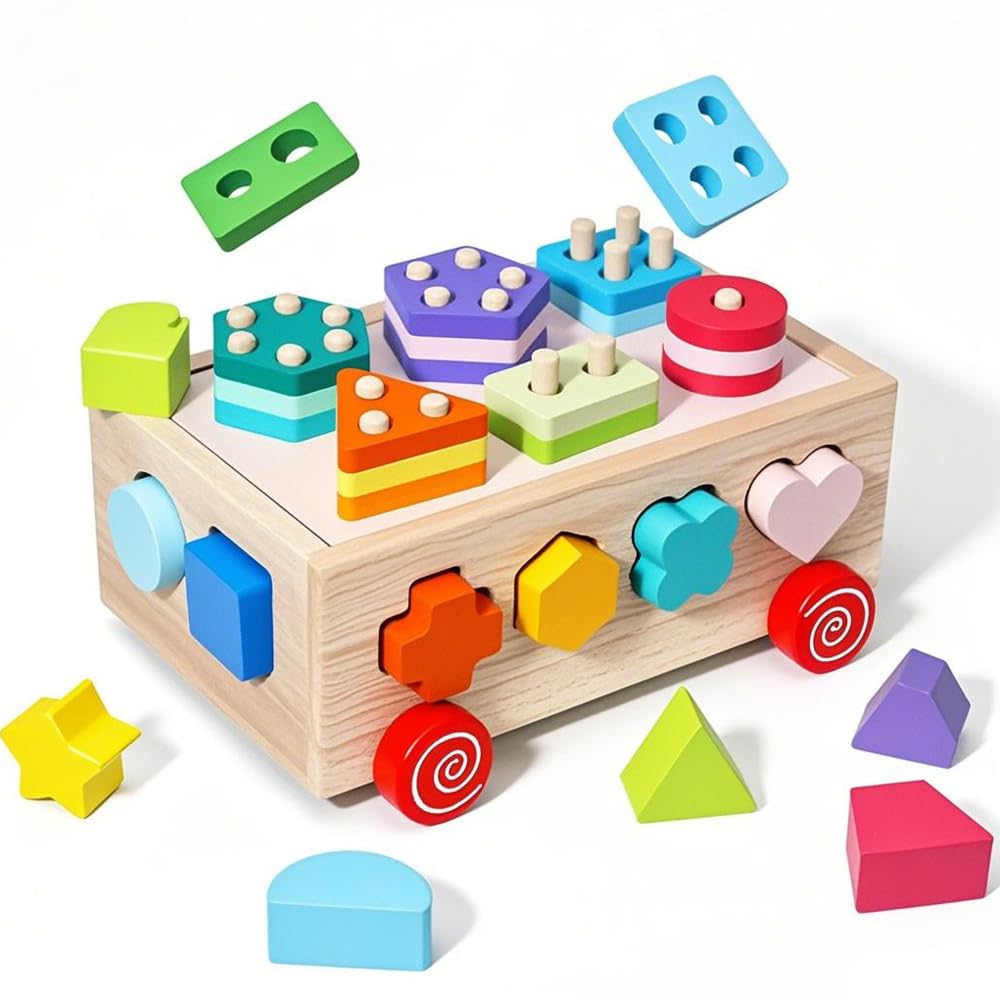 Embosomitr Wooden Shape Sorter Toy Car, Montessori Learning & Sensory Toys for 1, 2, 3 Year Old Boys & Girls, EducationalToddler Toys 6-12 Months, Kids Puzzle Matching Game for Early Development