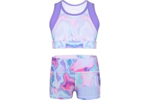 FEESHOW Girls 2 Piece Gymnastic Dance Sports Bra Crop Top with Shorts Outfit Set for Athletic Leotard Dancing Swimming