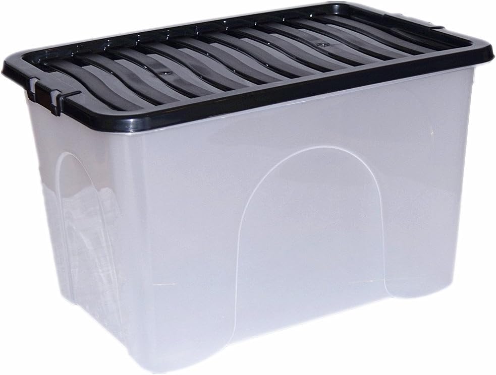 CrazyGadget 5 x 65L 65 Litre Extra Large Plastic Storage Clear Box Strong Stackable Container with Colour Lids - Made In U.K. (Black)