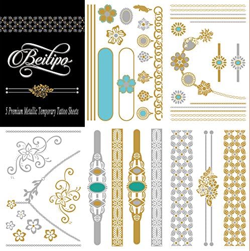 Metallic Sexy Temporary Tattoos 5 Premium Sheets Jewelry Inspired for Shimmer Body Art Deluxe Kit Set (Glamour)