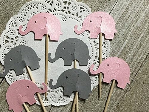 Light Pink Shimmer and Grey Cupcake Toppers - NEW Larger Size 1" x 1.5" - Baby Girl Shower Appetizer Picks (Set of 24)