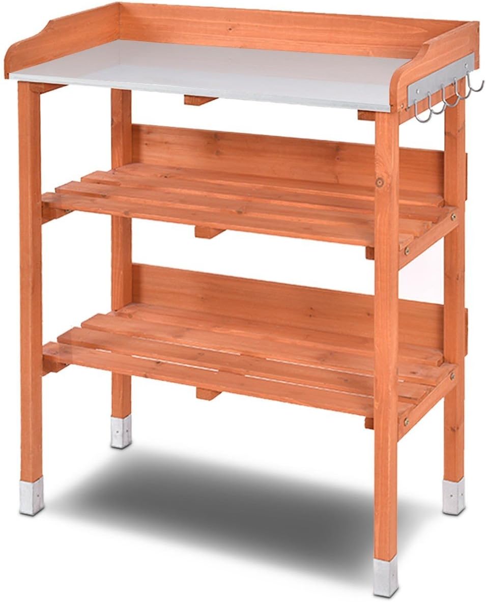 Custpromo Outdoor Wooden Potting Bench Work Planting Station w/Hook and Storage Shelf