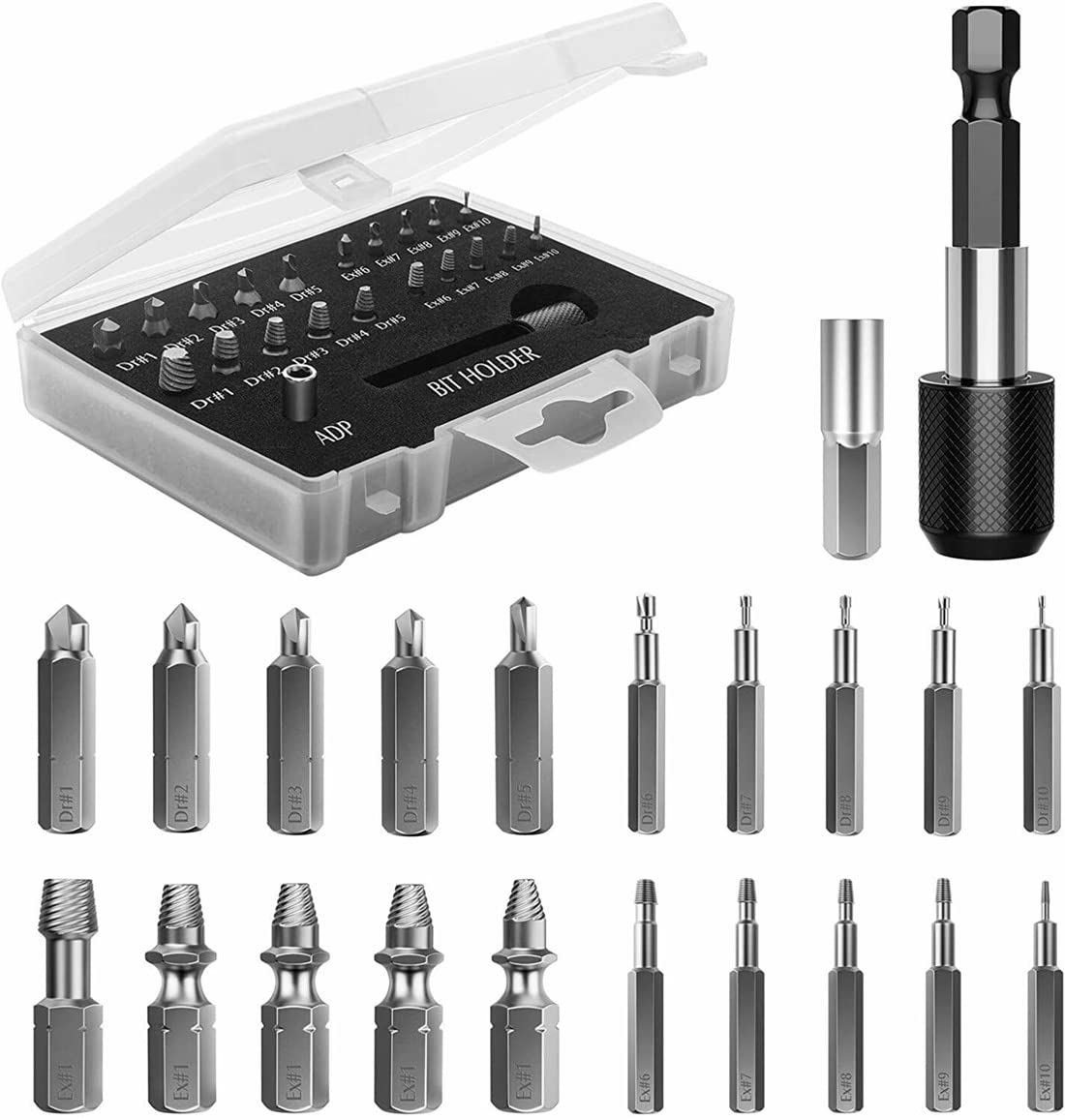 Photo 1 of Arkdeffon Damaged Screw Extractor Kit,Stripped Screw Extractor set,22 PCS HSS 4341 Tool Set Broken Bolt Remover with Magnetic Extension Bit Holder & Socket Adapter