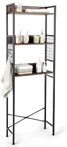 Tangkula Over The Toilet Storage Rack - 3-Tier Bathroom Organizer With Hooks, Rustic Brown