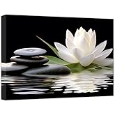 CCWACPP Zen Canvas Wall Art White Lotus Bloom in Water Picture Flowers Stone Spa Painting for Yoga Meditation Room Bathroom Prints Wall Decor Frame (Zen - 2, 12x18inch)