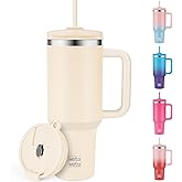 WETOWETO 40oz Tumbler with Handle | Insulated Stainless Steel Travel Mug | 34Hrs Cold & 10Hrs Hot Retention | 100% Leakproof Lid & Straw | Dishwasher Safe + Car Cup Holder Fit (Cream Color)