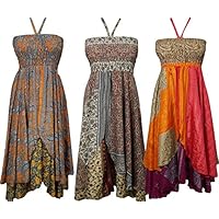 Womens Sundress Recycled Silk Sari Vintage Two Layer Romantic Revelries Halter Dress Wholesale Lot Of 3 Pcs
