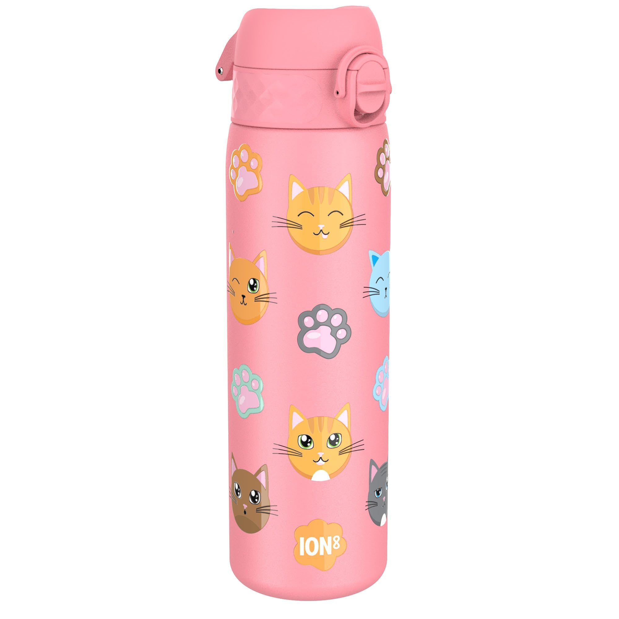 Ion8 Lightweight Steel Water Bottle, 600 ml/20 oz, Non-Insulated, Leak Proof, Easy to Open, Secure Lock, Dishwasher Safe, Flip Cover, Fits Cup Holders, Carry Handle, Metal Water Bottle, Cats