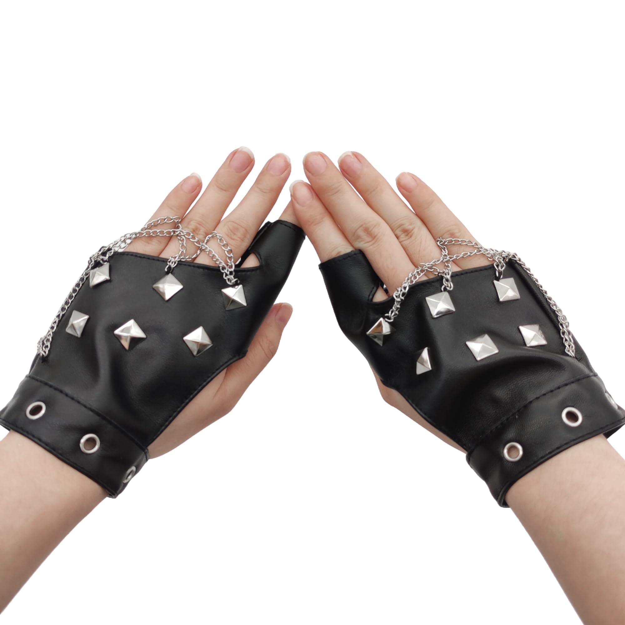 XCSJ Punk Fingerless Gloves with Rivets, PU Leather Hollow Out Fingerless Gloves Punk Accessories Half Steampunk Fingers for Halloween, Carnival, Party, Cosplay, Black 2, 14.5*10cm