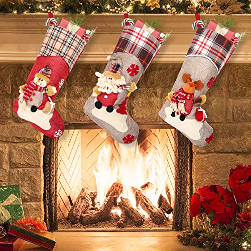 Aiduy 3 Pack 18" Christmas Stockings Decoration with Cute 3D Plush Santa Snowman Reindeer Xmas Stockings Ornament Gifts for Christmas Decorations and Family Holiday Party Decor - Thumbnail 4