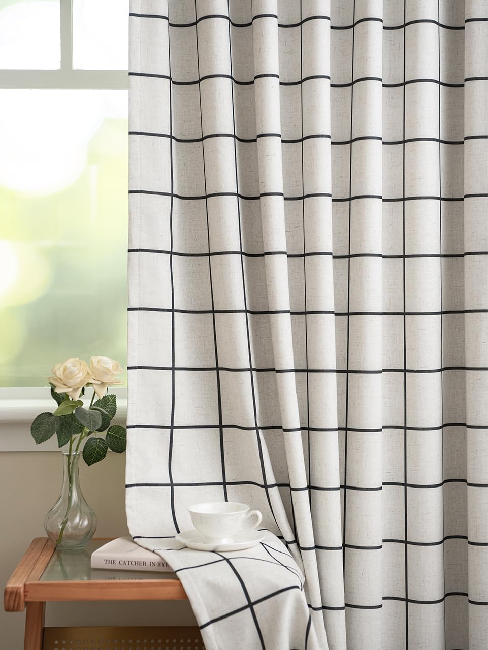 THREE GIRLS Plaid Pinch Pleated Curtains - Modern Luxury Linen Buffalo Blackout Drapes, Thermal Insulated Double Layer Window Panels for Living Room Bedroom, 90 Inches Long Black 2 Panels Set