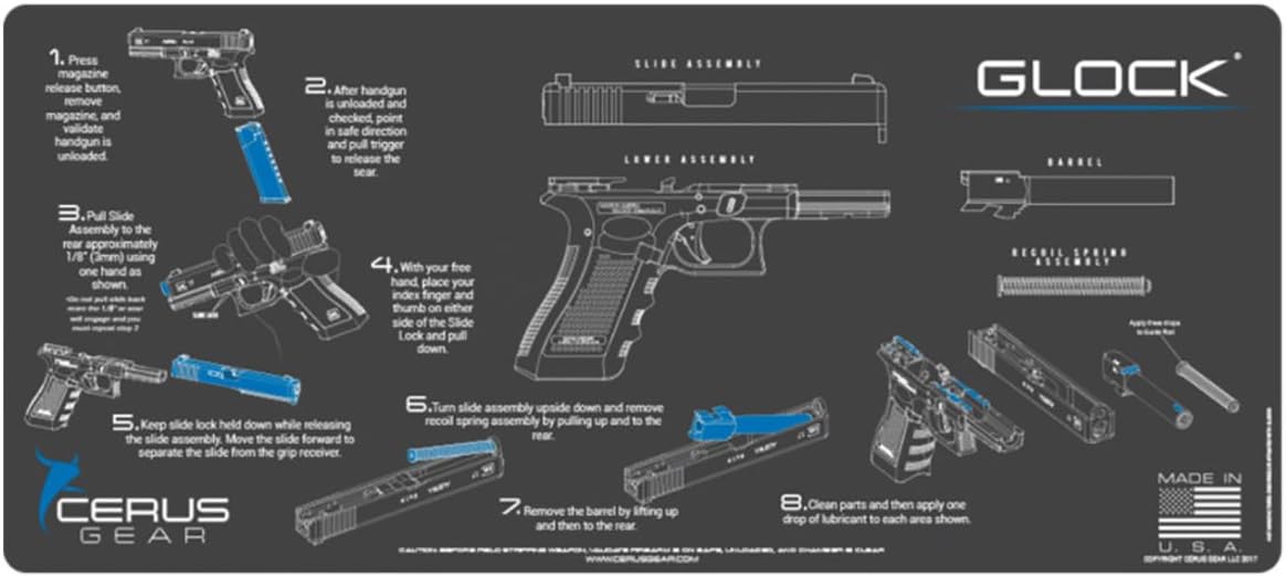 Cerus Gear Cleaning Promat with Glock Instructional Graphics, Versatile Gun Cleaning Mat, Great for Any Desk or Work Bench - 12 x 27 Inches