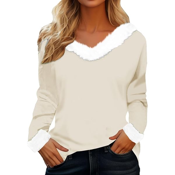 Women's Christmas Sweater With Faux Fur Trim – V-Neck Holiday Graphic Pullover – Ugly Xmas Sweatshirt