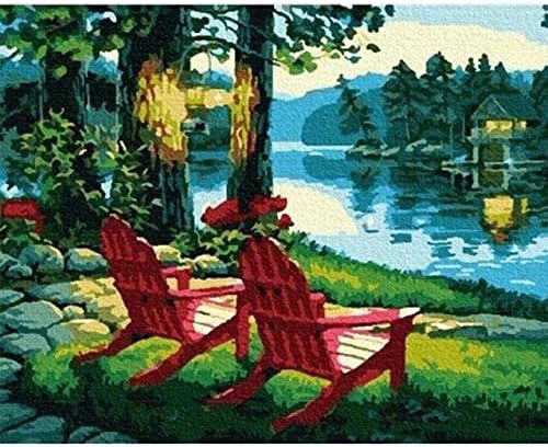 Easy Paint by The Numbers on Canvas for Adults Beginner Friends Girlfriend Boyfriend Rural Nature Landscape Adirondack Lakeside Evening 16x20 Inch Frameless