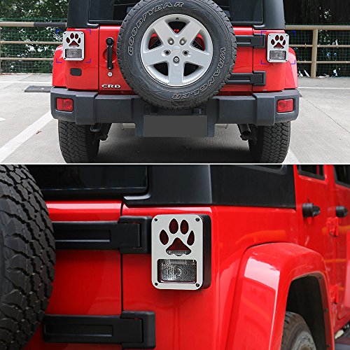 KUJOOY Pair Aluminum Alloy Paw Print Tail Light Guard Cover Rear Lamp Cover Trim for Jeep Wrangle (Silver)