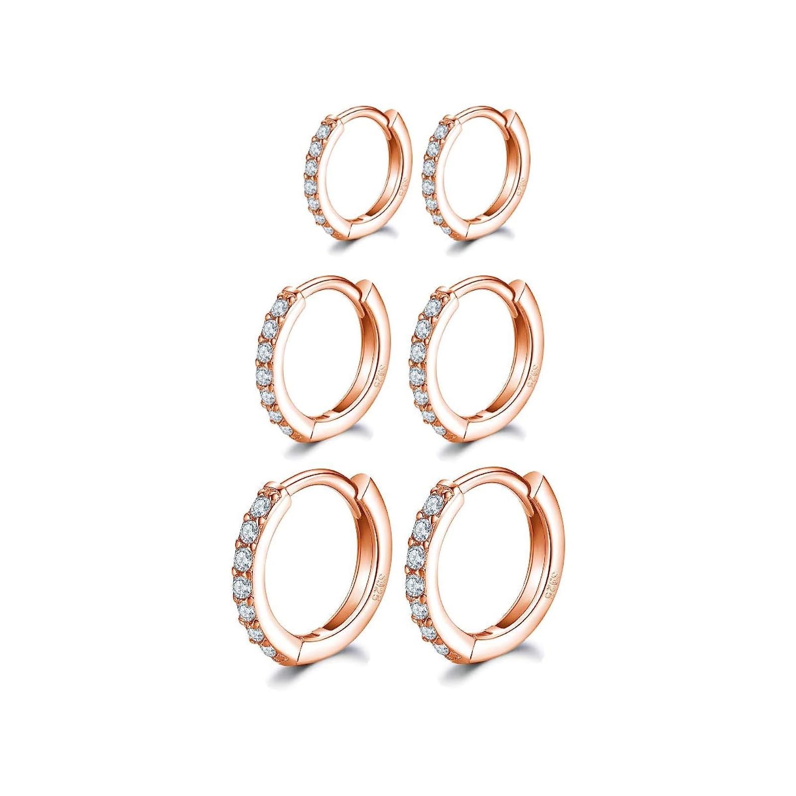 14K Rose Gold Plated Hoop Earrings, 925 Sterling Silver Post Rose Gold Hoop Earrings with AAA Cubic Zirconia, 3 Pairs Small Sleeper Hoops Huggie Hinged Earrings (8/10/12mm)