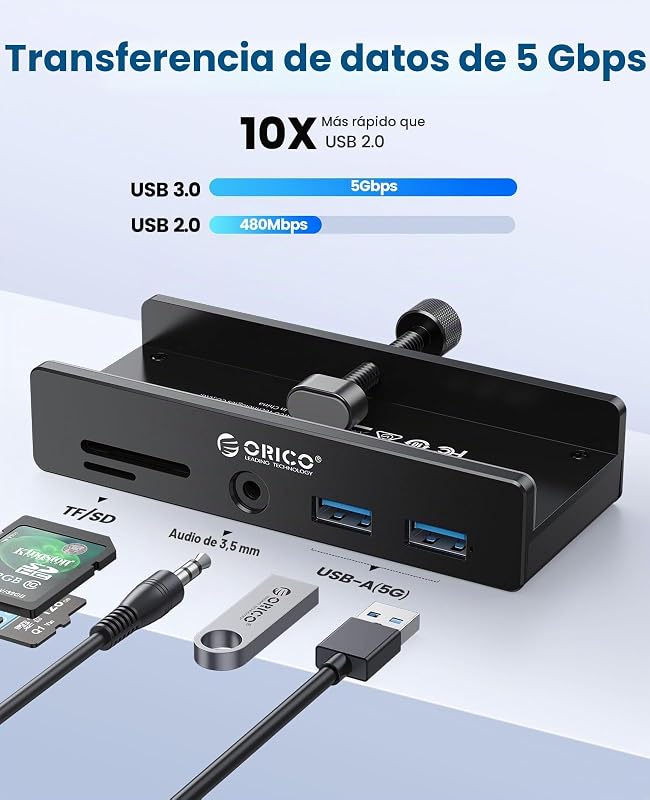 Hub USB 3.0, hub USB clamp com porta de alimentação adicional, adaptador USB C em alumínio com 2 portas de dados USB-A, leitor de cartões AUX SD/TF de 3,5mm para