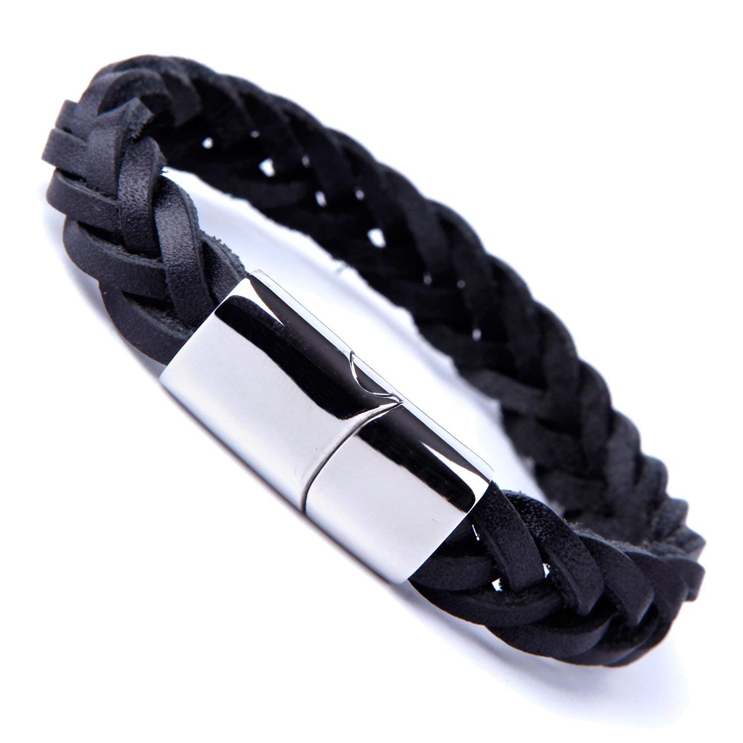 URBAN JEWELRY Unique Braided Black Cuff Leather Bracelet for Men with Elegant Stainless Steel Clasp