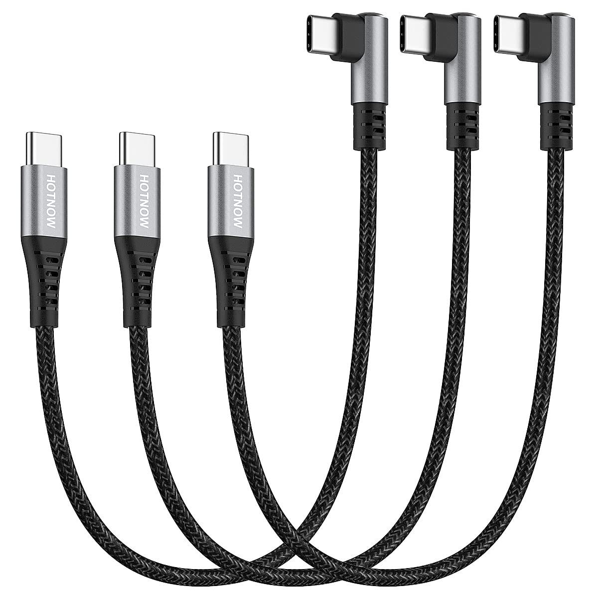 HOTNOW Short USB C to USB C Cable 30cm 3Pack, 65W Righe Angle 90 Degree Type C Cable Fast Charging Nylon Braided Compatible with iPhone 16 15, Galaxy S24 23, Pixel,Huawei, iPad Pro, MacBook