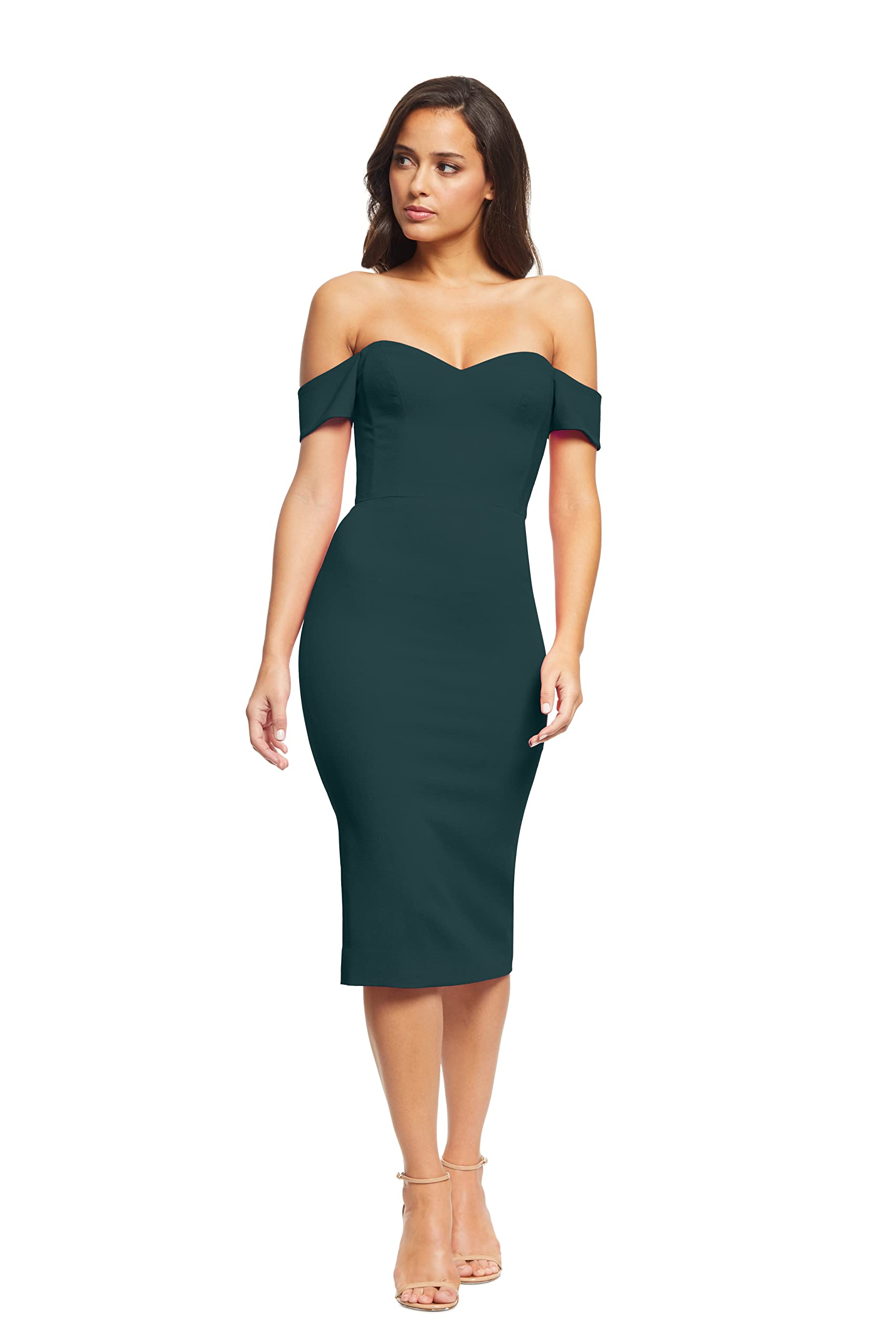 Dress the Population Women’s Bailey Off The Shoulder Sweetheart Bodycon Midi Sheath Dress, Pine, XX-Small