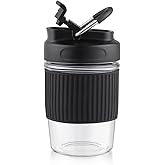 Sivaphe Reusable Glass Ice Hot Coffee Cup 12 oz, Portable Travel Mug with Spill-Proof Lid and Thermal Sleeve for Home Office Black
