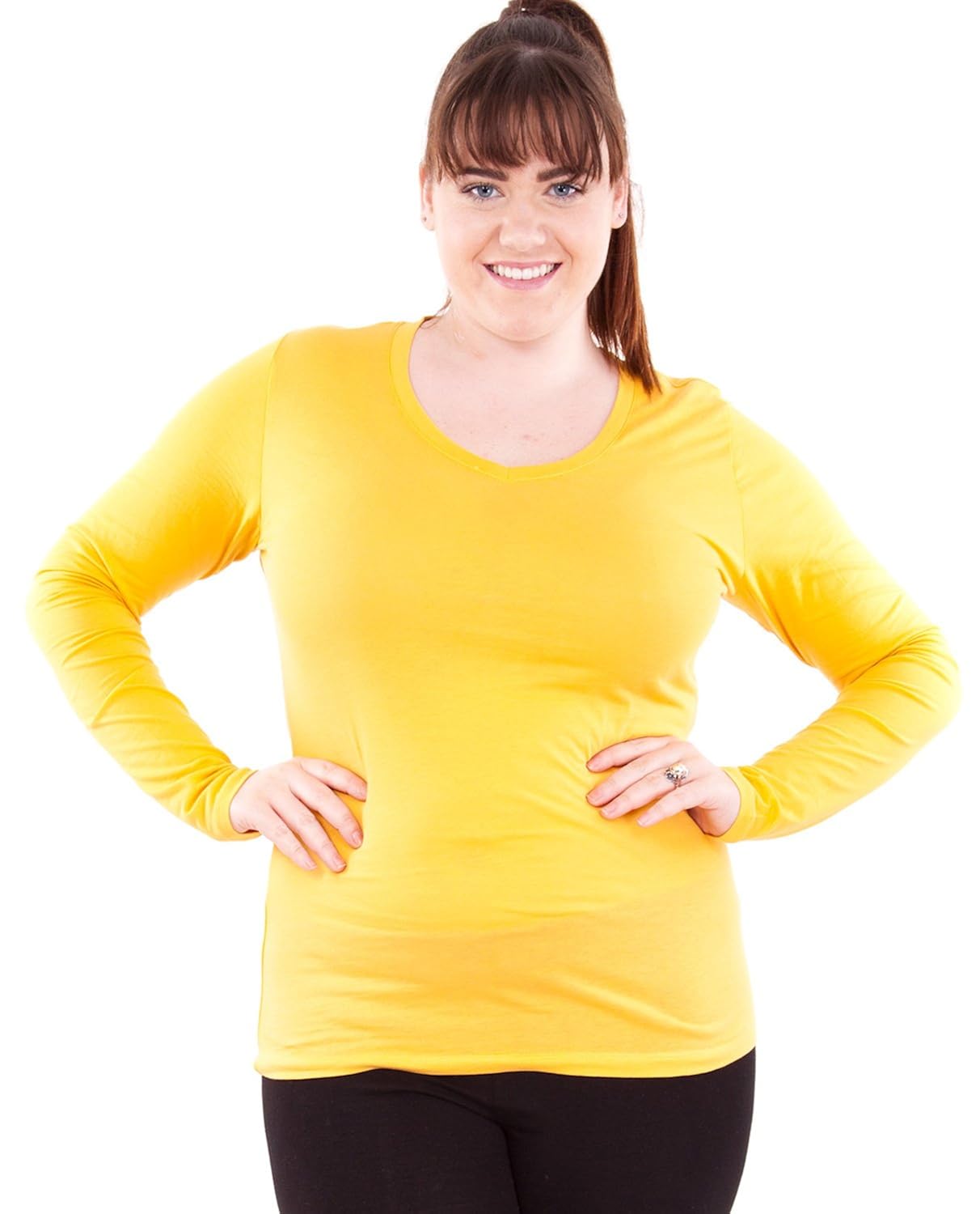 Clothes Effect Mustard Yellow Ladies Plus Size Round V-Neck Long Sleeve T-Shirt at Amazon Women 