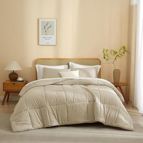 AMWAN Box Stitched Comforter Set Full 3 Pieces, Khaki Brushed Bedding Comforter Set 1 Comforter with 2 Pillowcases, Warm Fluffy Microfiber Full Size Bedding Set for Kids Teens and Adults (Khaki)