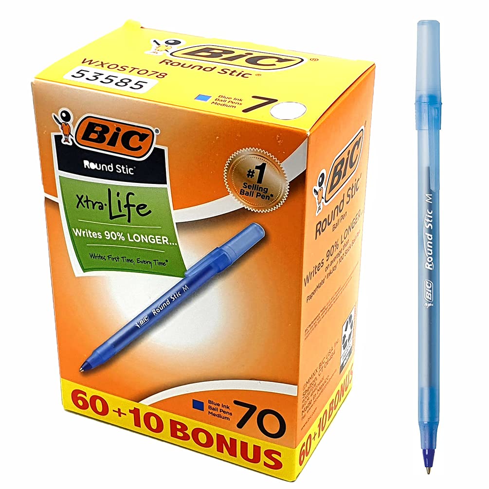 70 x BIC Xtra Life Round Stic Ballpoint Pens, Medium Point (1.0mm), Translucent Barrel - Blue Ink