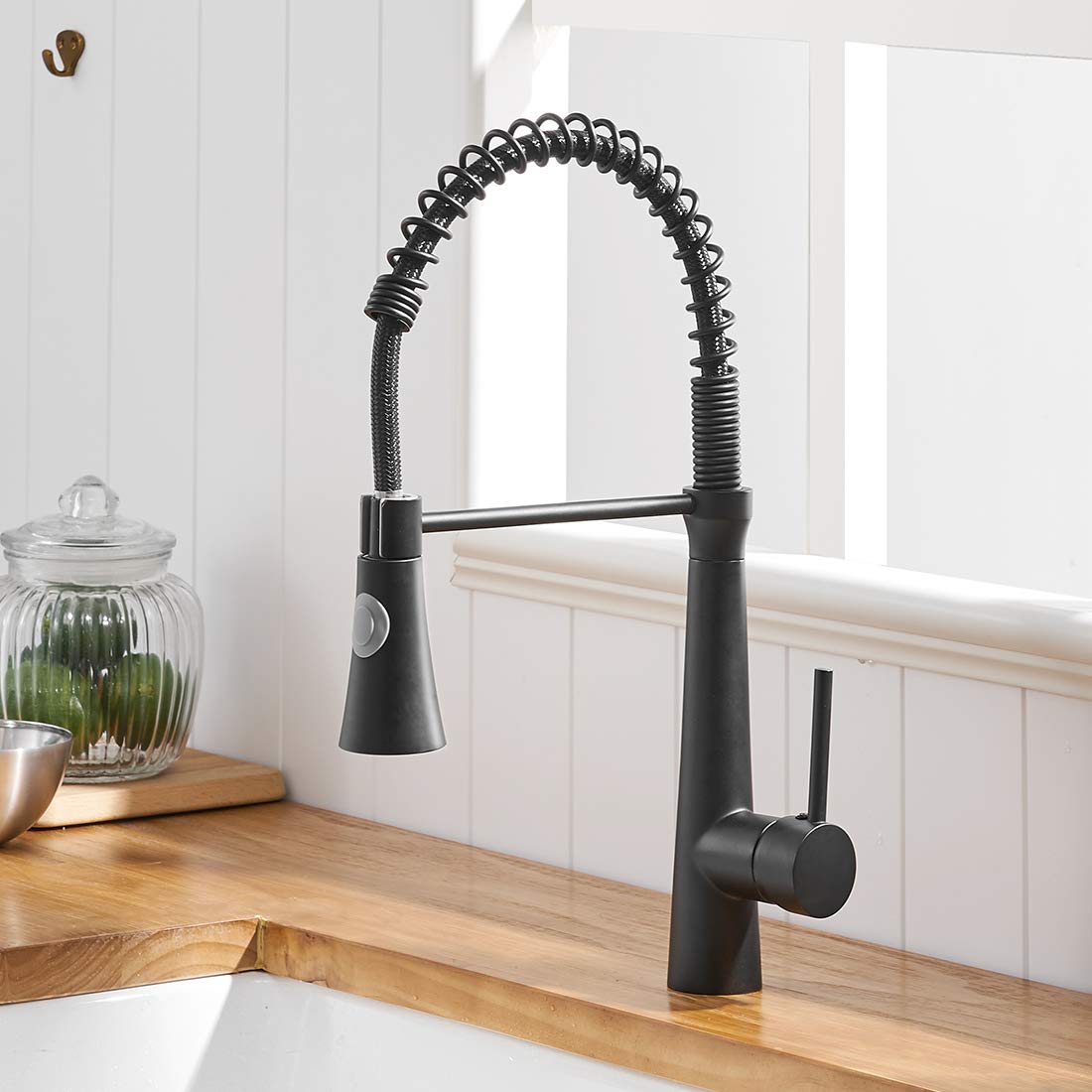 TIMACO Kitchen Tap, Black, High Pressure Kitchen Tap with Extendible Shower, Sink Mixer Tap, 360° Rotatable Mixer Tap, Spiral Spring Tap, Kitchen Tap with Two Spray Functions, Made of Copper