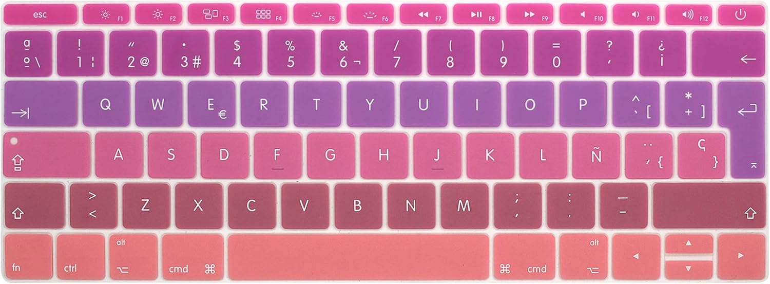 MMDW Spanish ESP Language Silicone Keyboard Cover for MacBook Pro 13 Inch 2017 & 2016 Release A1708 No Touch Bar &for MacBook 12 Inch A1534 Protective Skin (EU Layout),Ombre Hot Pink