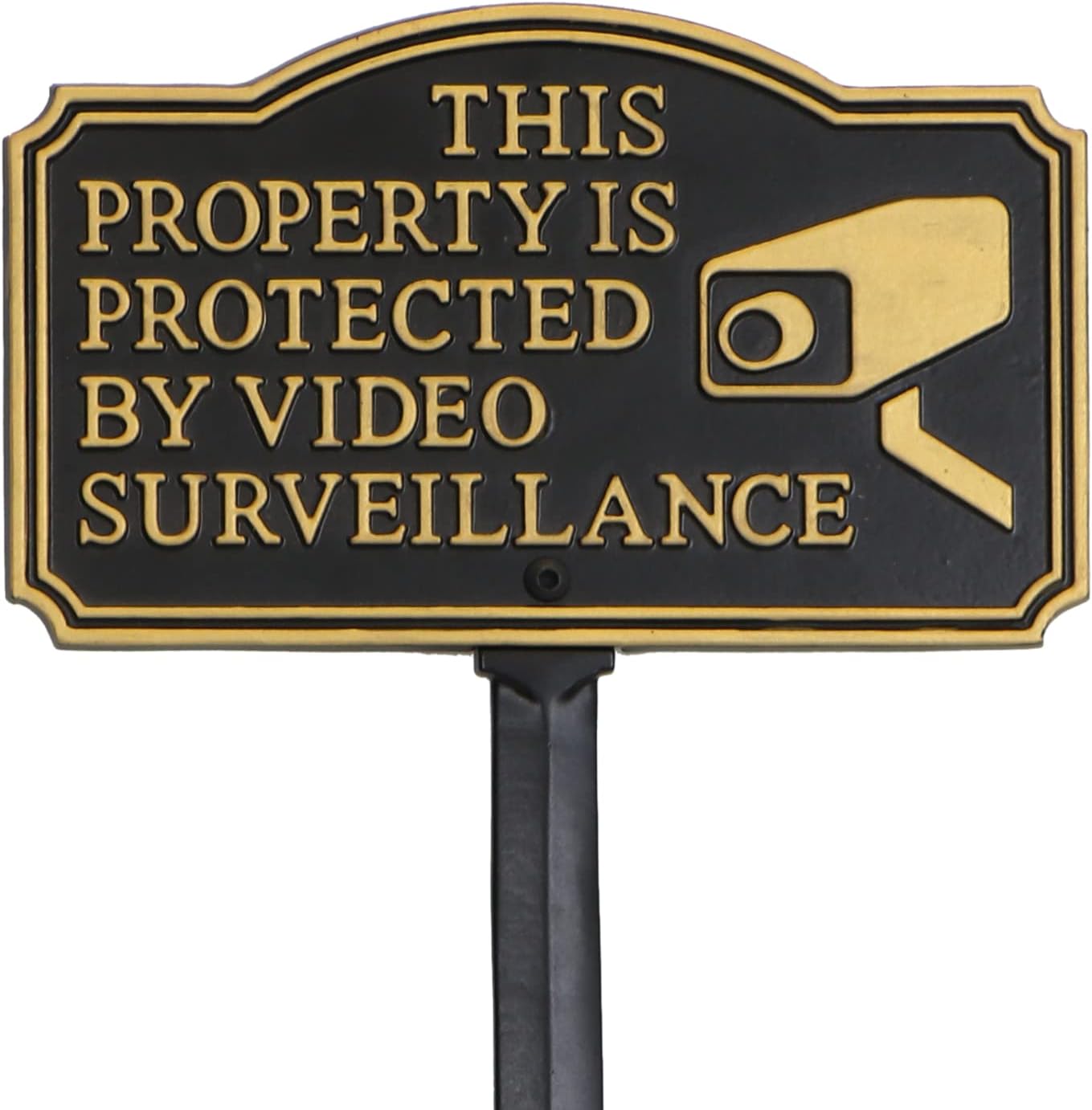 Plaques & Wall Art - SmartSign 5.75 x 9.5 inch “This Property Is Protected By Video Surveillance” GardenBoss Statement Plaque/Sign with 21 inch Lawn Stake, 375 mil Rustproof Aluminum, Black and Gold, Set of 1